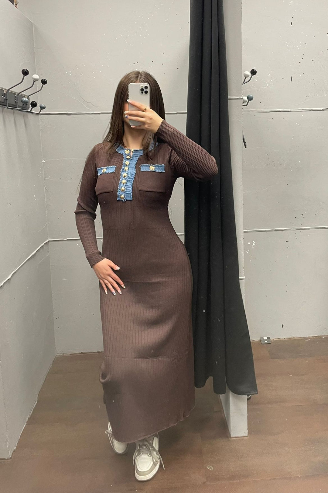 Elegantes Kleid mit Denim-Details - Langarm Dress