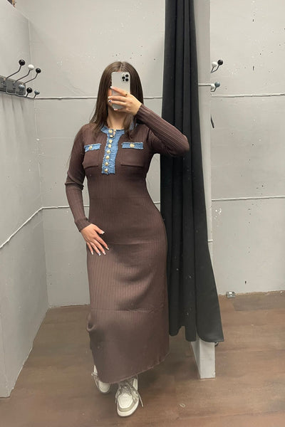 Elegantes Kleid mit Denim-Details - Langarm Dress