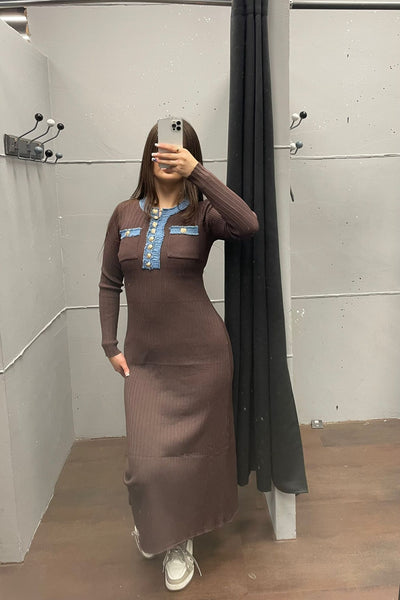 Elegantes Kleid mit Denim-Details - Langarm Dress