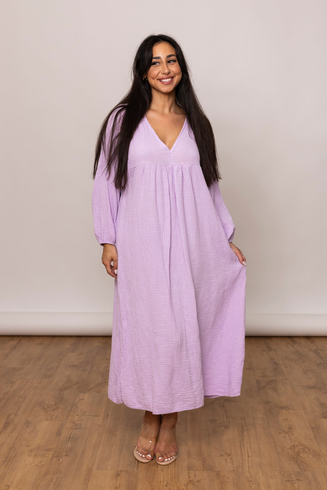 Musselin Kleid - Maxi mit V Ausschnitt - mystylemode.de