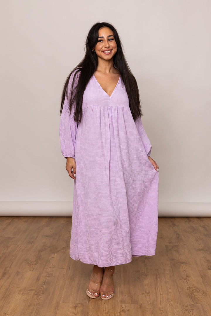 Musselin Kleid - Maxi mit V Ausschnitt - mystylemode.de
