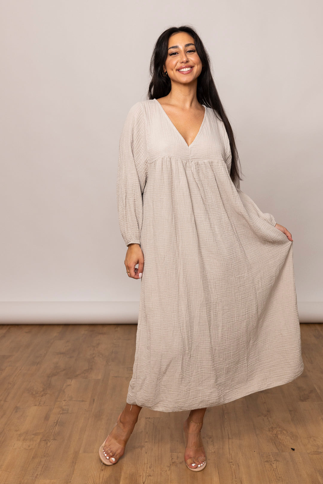 Musselin Kleid - Maxi mit V Ausschnitt - mystylemode.de