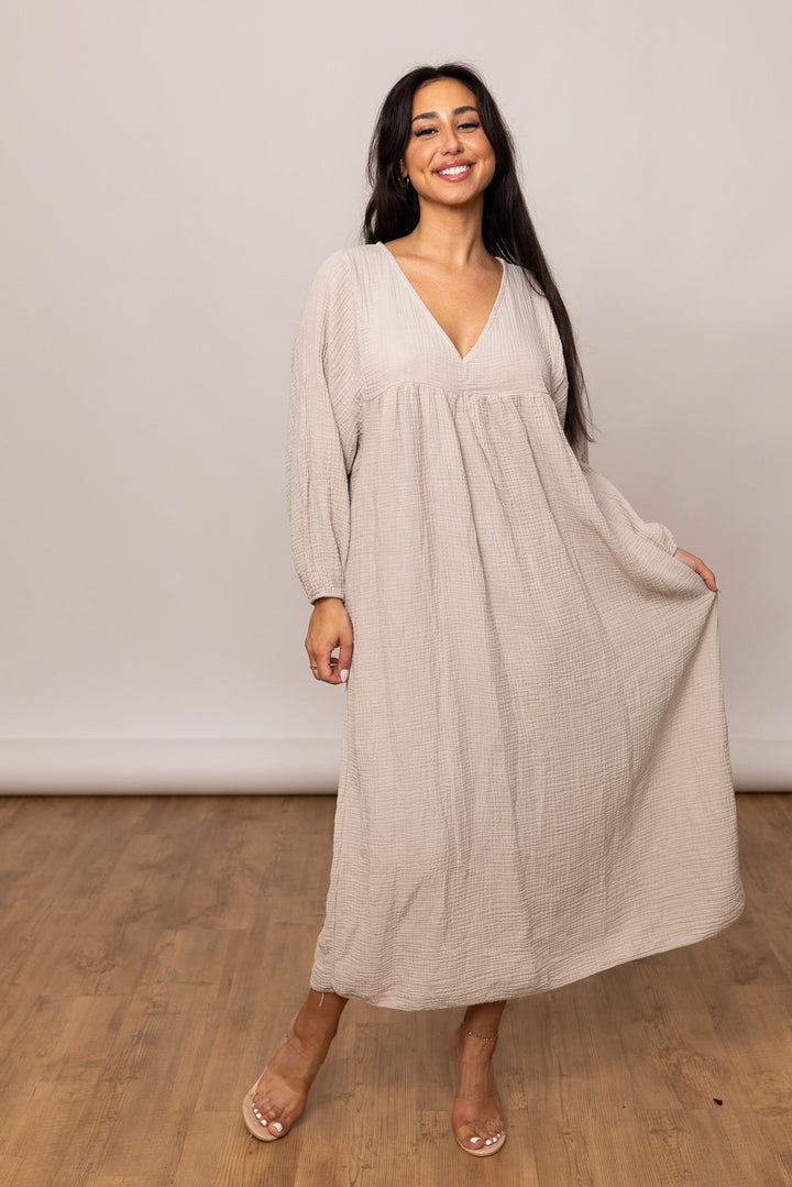 Musselin Kleid - Maxi mit V Ausschnitt - mystylemode.de