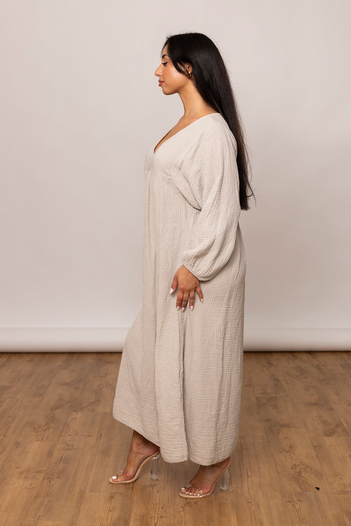 Musselin Kleid - Maxi mit V Ausschnitt - mystylemode.de