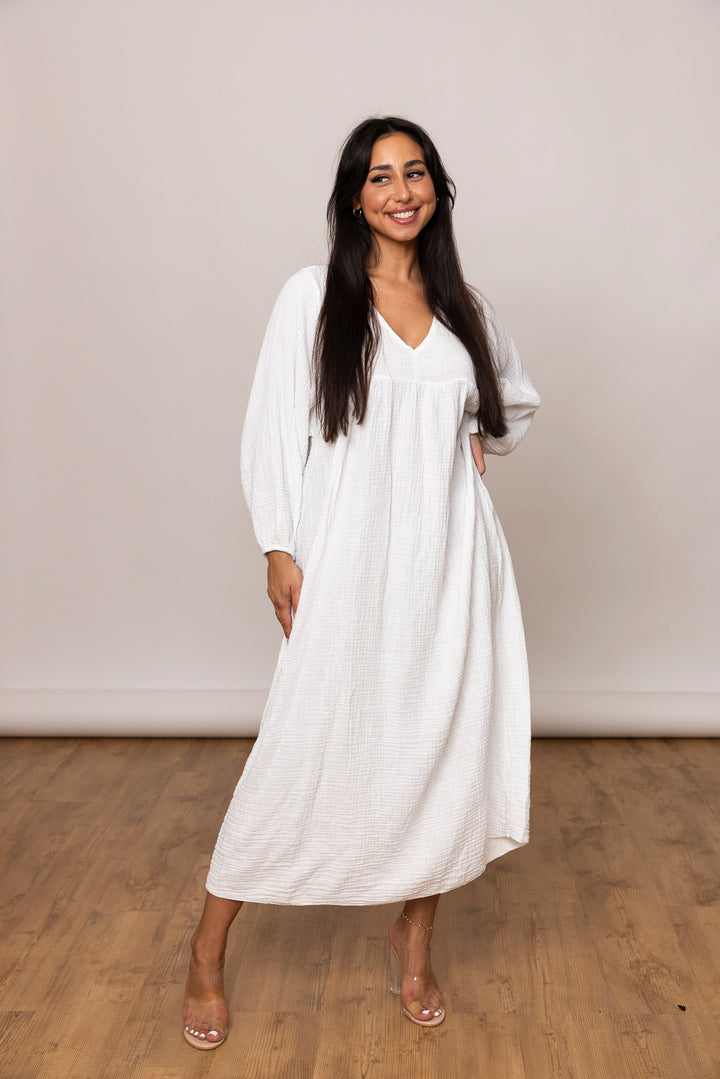 Musselin Kleid - Maxi mit V Ausschnitt - mystylemode.de