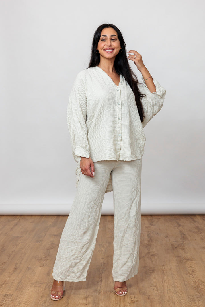 Musselin Set - Oversize Bluse &amp; weite Hose - mystylemode.de