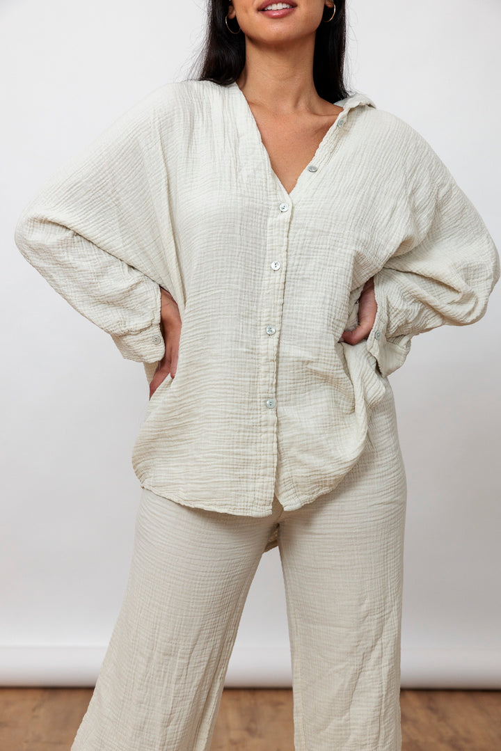 Musselin Set - Oversize Bluse &amp; weite Hose - mystylemode.de