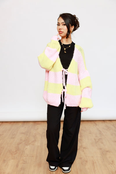 Oversize Strick-Cardigan mit Blockstreifen – Rosa & Gelb
