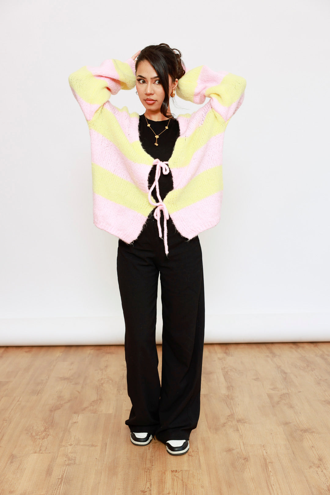 Oversize Strick-Cardigan mit Blockstreifen – Rosa &amp; Gelb