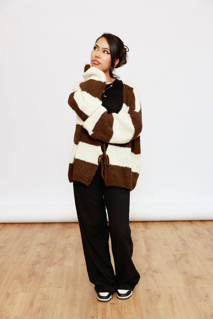 Oversize Strick-Cardigan mit Blockstreifen – Braun &amp; Beige