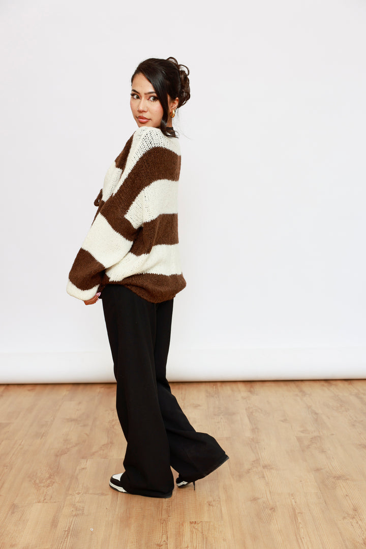 Oversize Strick-Cardigan mit Blockstreifen – Braun &amp; Beige
