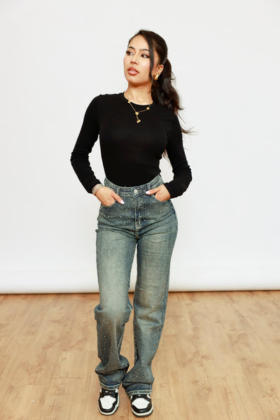Wide Leg Strass Jeans - blau/grün
