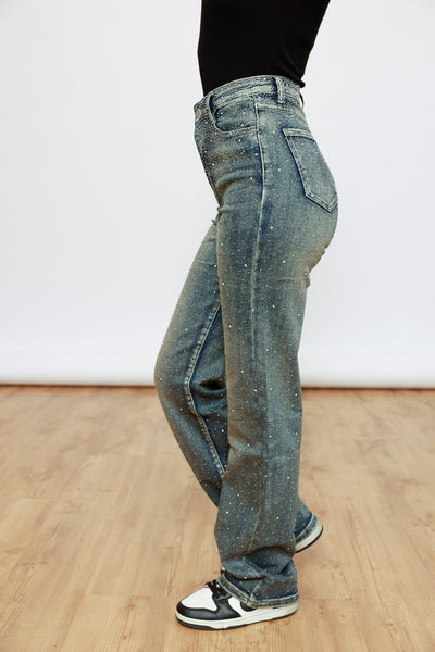 Wide Leg Strass Jeans - blau/grün