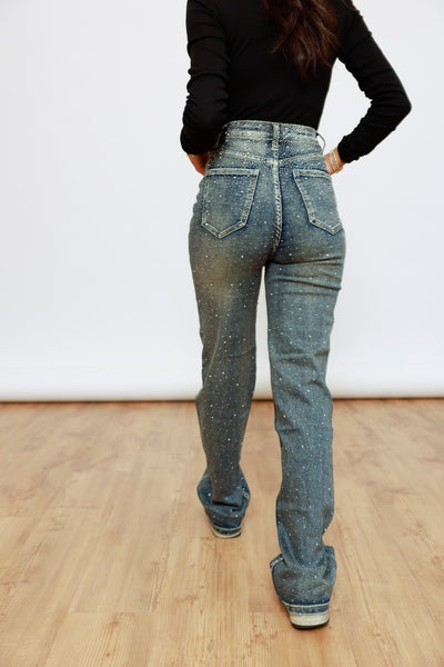 Wide Leg Strass Jeans - blau/grün