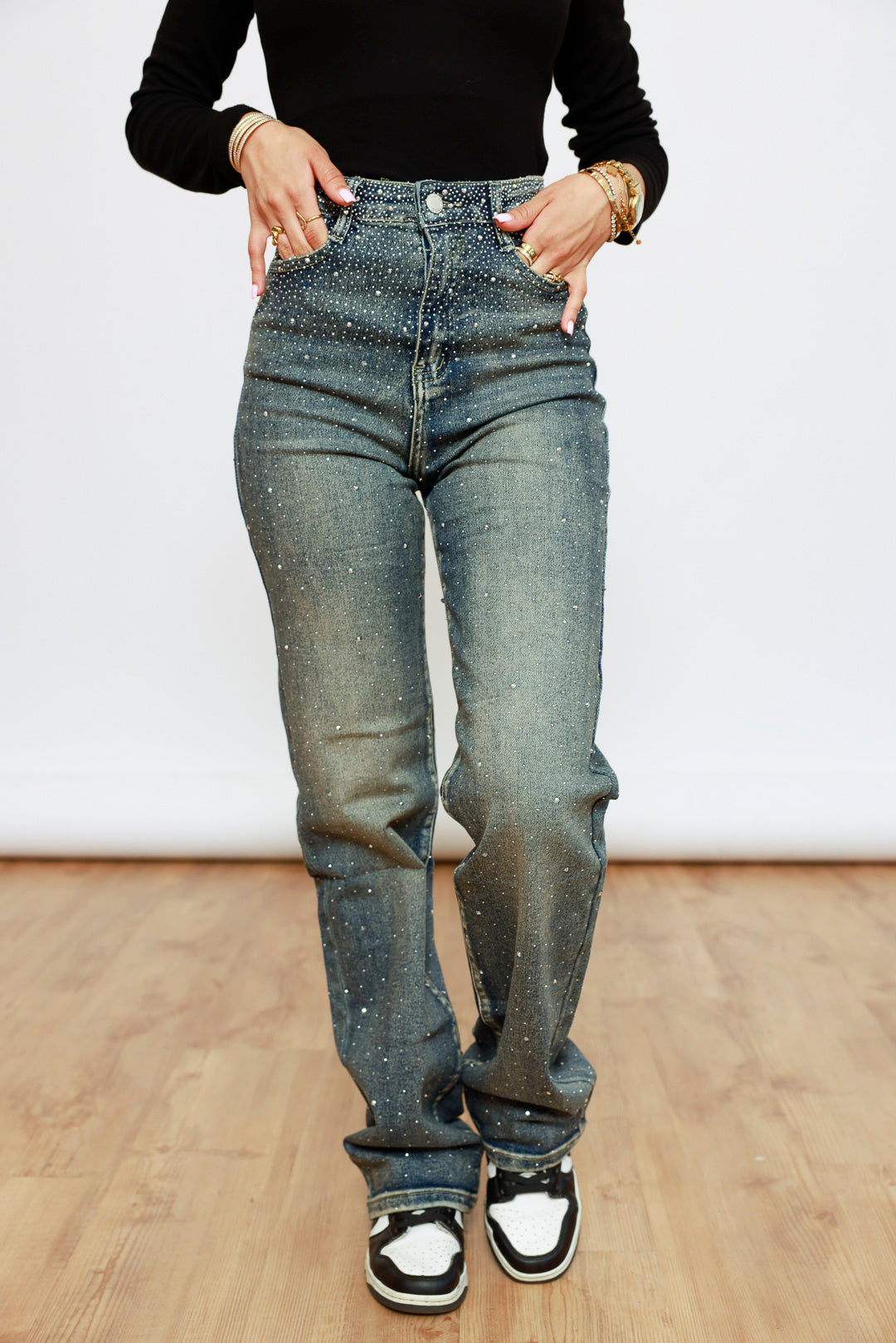 Wide Leg Strass Jeans - blau/grün