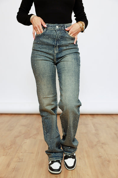 Wide Leg Strass Jeans - blau/grün