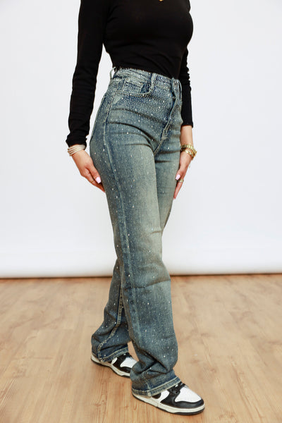 Wide Leg Strass Jeans - blau/grün
