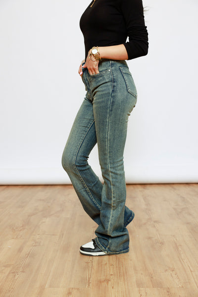 High Waist Flared Jeans - blau/grün