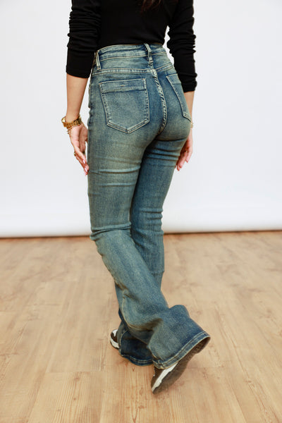 High Waist Flared Jeans - blau/grün