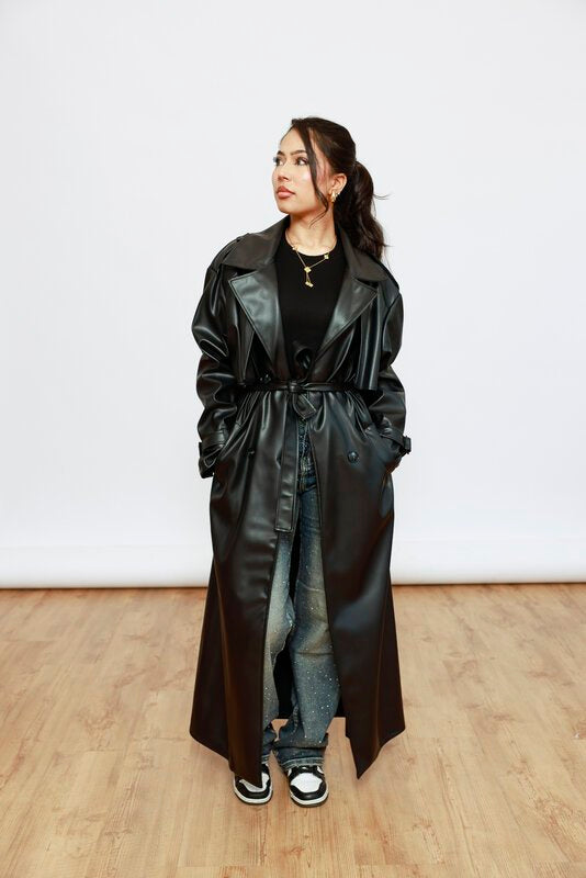 Langer Trenchcoat Kunstleder - Schwarz