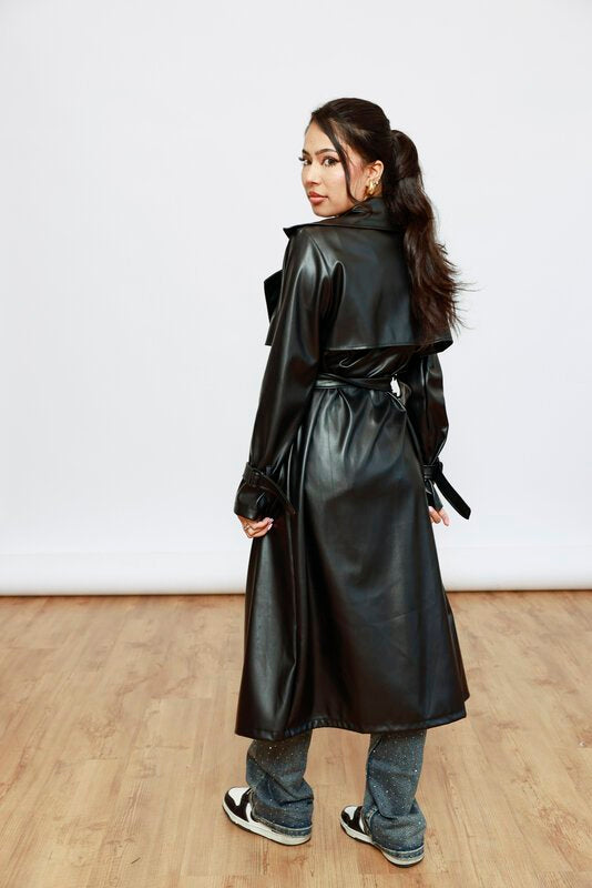Langer Trenchcoat Kunstleder - Schwarz