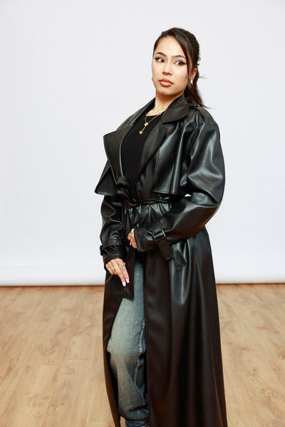 Langer Trenchcoat Kunstleder - Schwarz