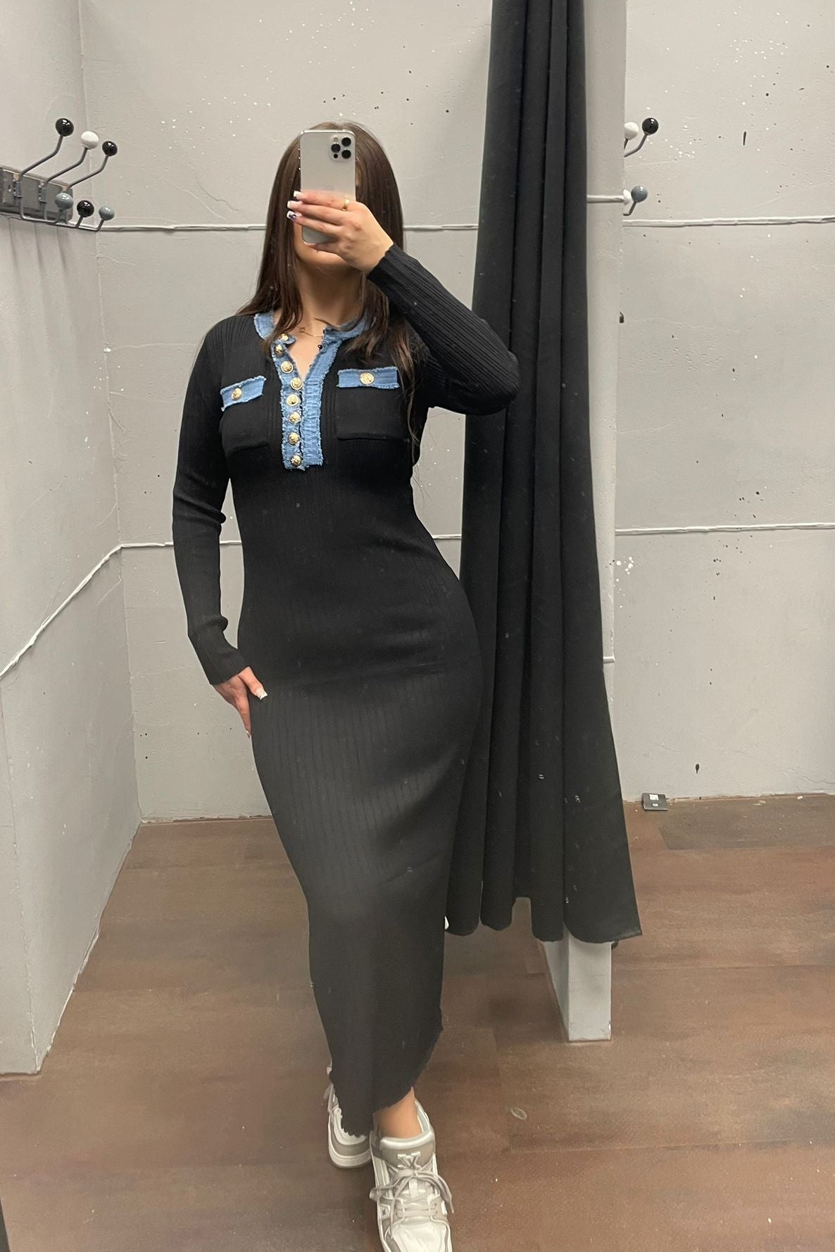 Elegantes Kleid mit Denim-Details - Langarm Dress