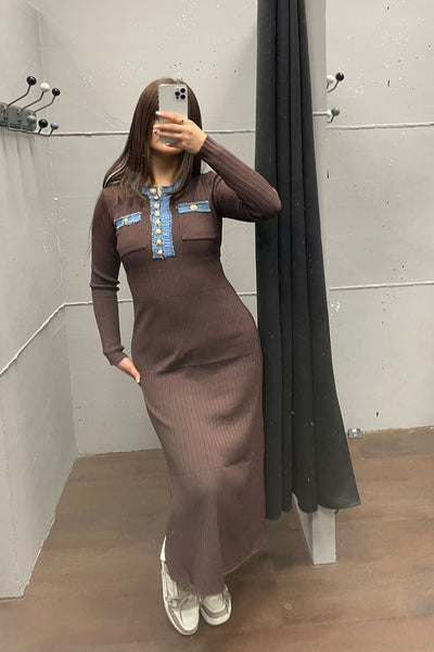 Elegantes Kleid mit Denim-Details - Langarm Dress