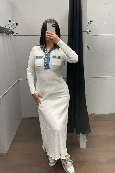 Elegantes Kleid mit Denim-Details - Langarm Dress