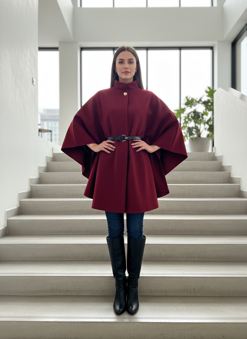 Bordeaux Cape auf Model - korrekte Details