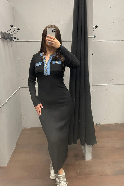 Elegantes Kleid mit Denim-Details - Langarm Dress