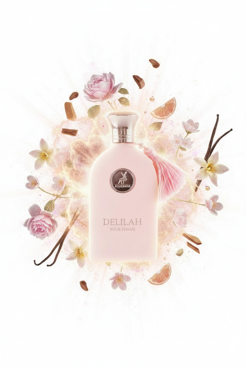 Delilah Pour Femme Eau de Parfum von Maison Alhambra – zartrosa Flakon mit Duftnoten auf weißem Hintergrund