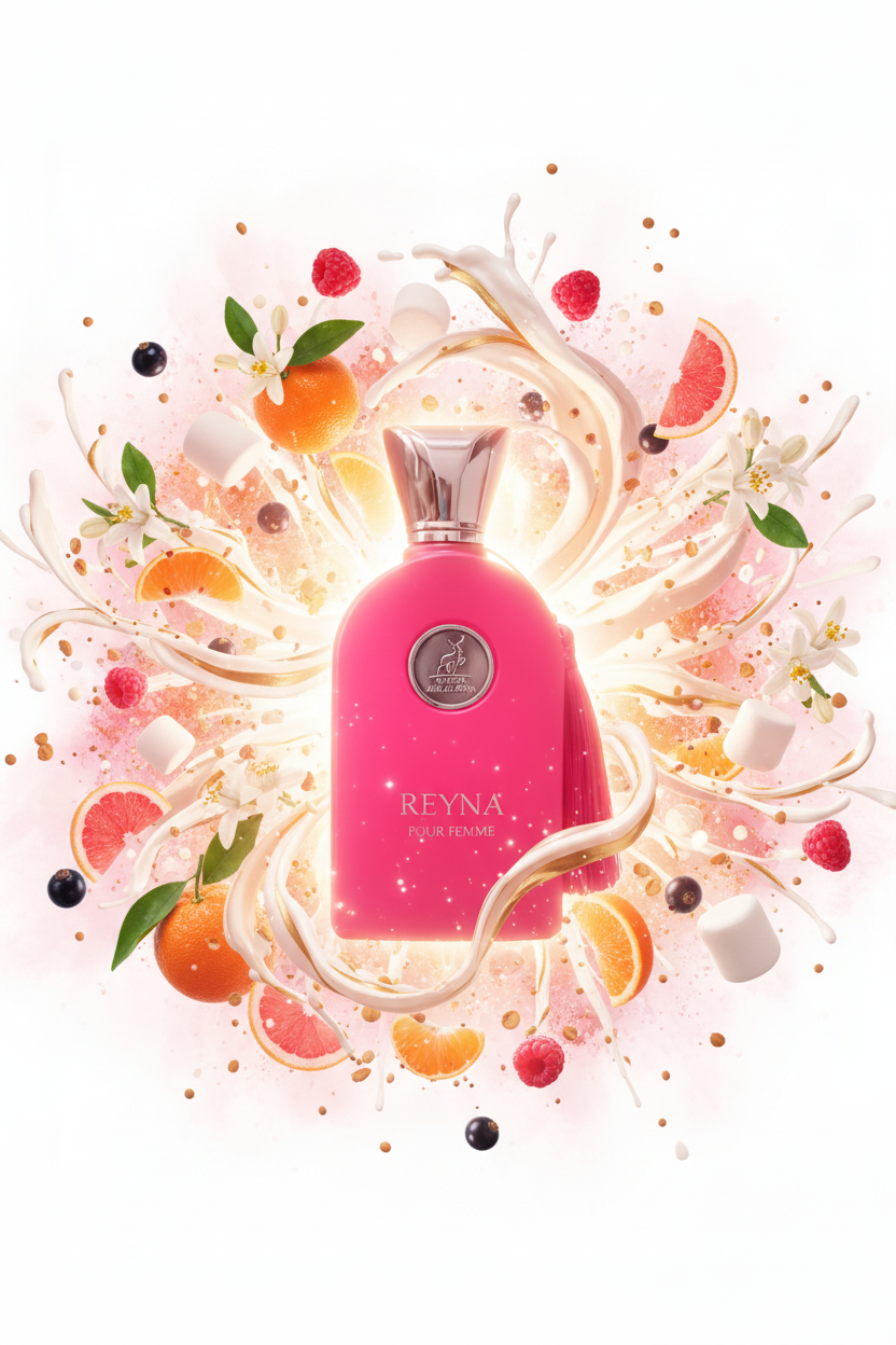 Reyna Pour Femme Eau de Parfum von Maison Alhambra – pinker Flakon mit Duftnoten im Hintergrund