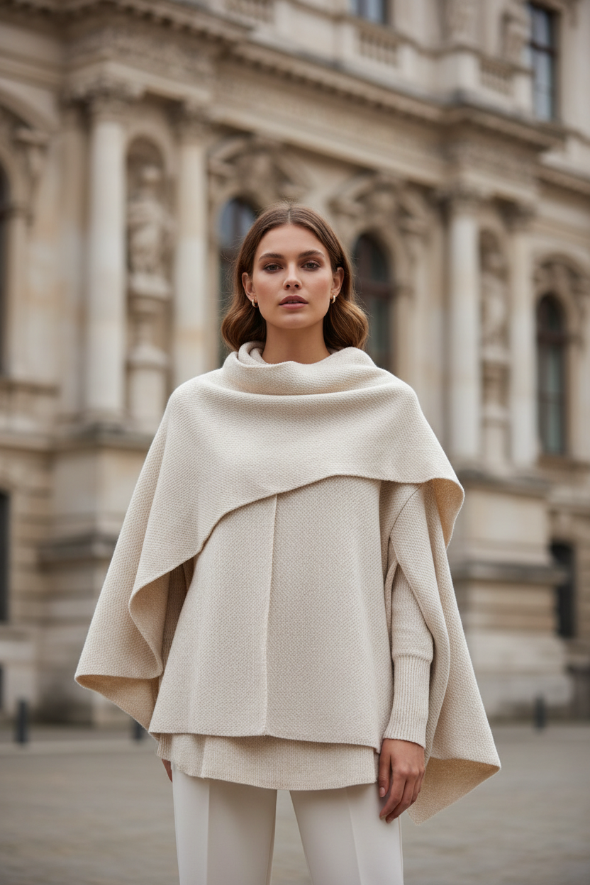 Strick Cape mit Schal vor Gebäude