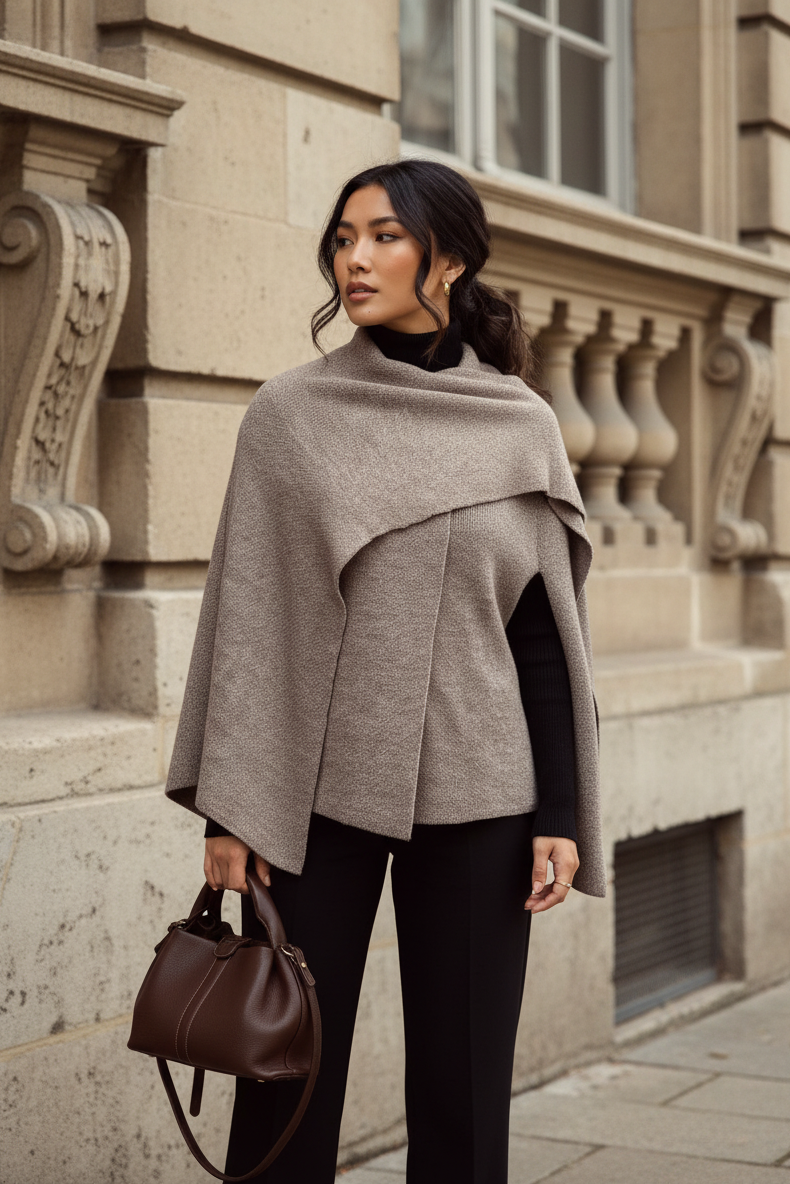 Strick Cape neues Model vor Gebäude