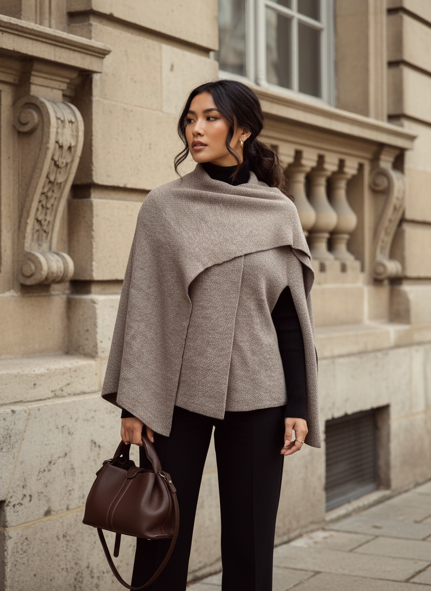 Strick Cape neues Model vor Gebäude